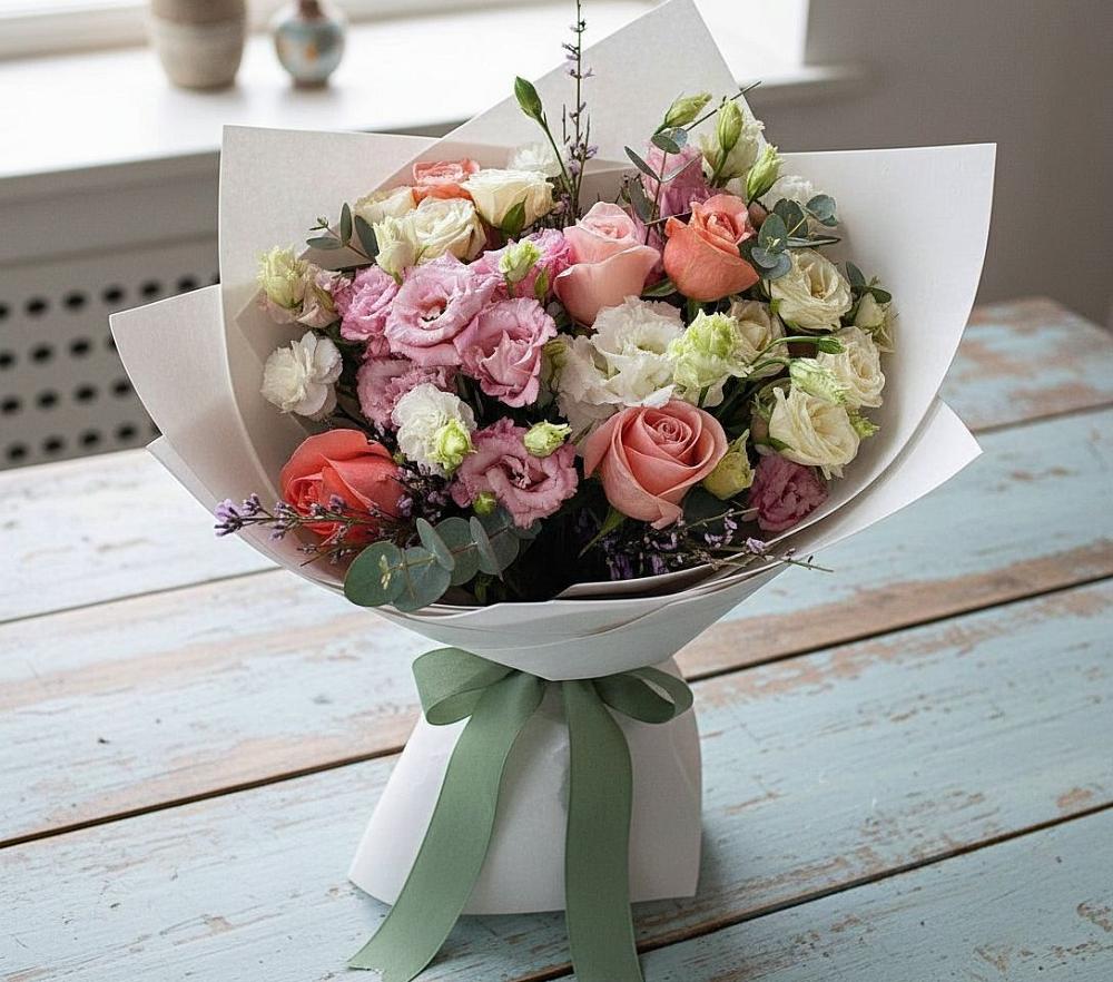 Букет цветов из: Розы, Лизиантусы и Гвоздики в Андреевке