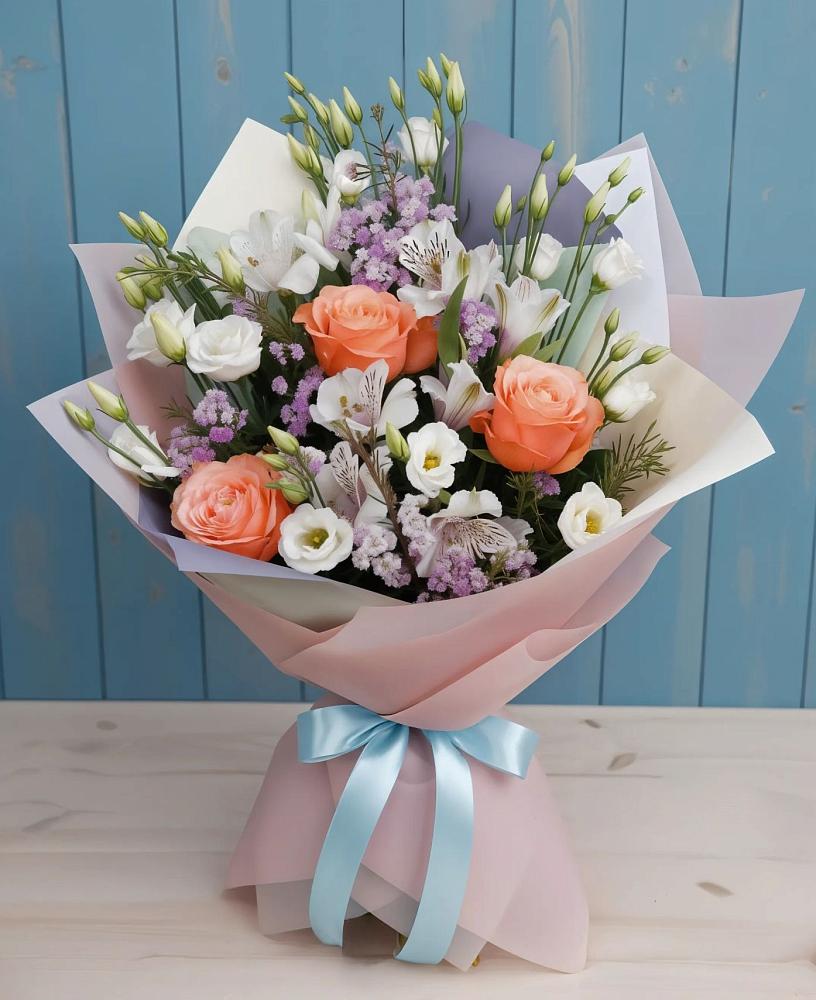 Букет цветов из: Лизиантусы, Розы, Альстромерии и Гипсофила в Андреевке